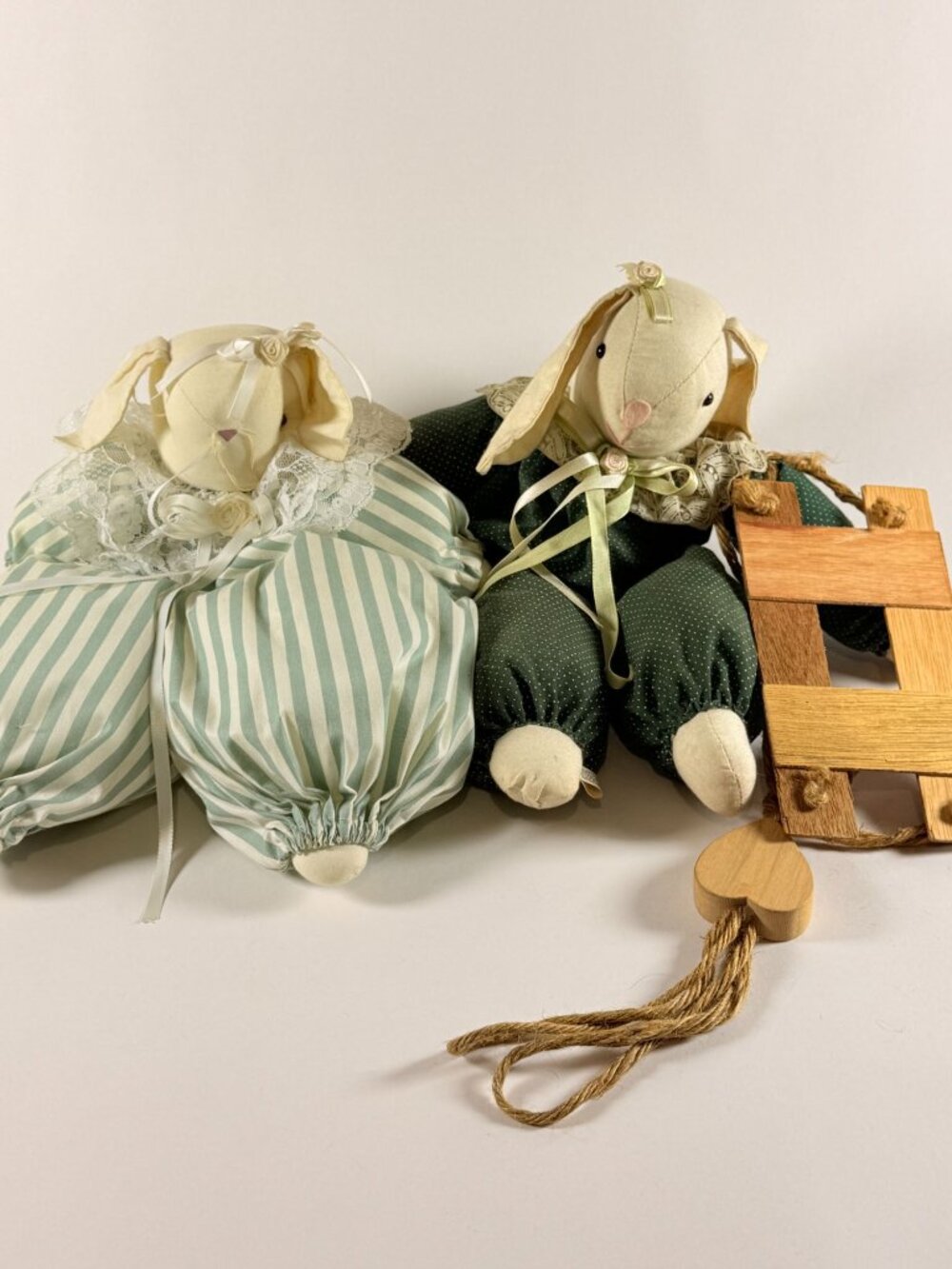 Vintage Rabbit Shelf Sitters Handmade Fabric Lace Farmhouse Cottage Decor Pair